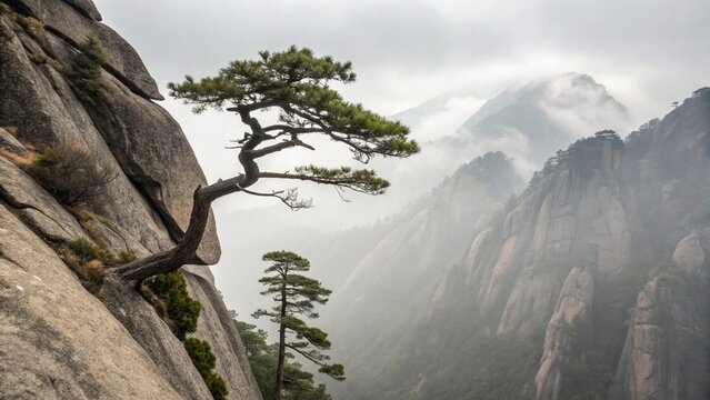 Pine tree on steep cliff in Huangshan mountains
