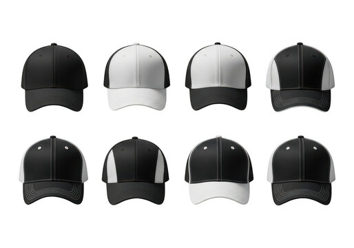 Set of black and white baseball caps and trucker hats isolated on transparent background