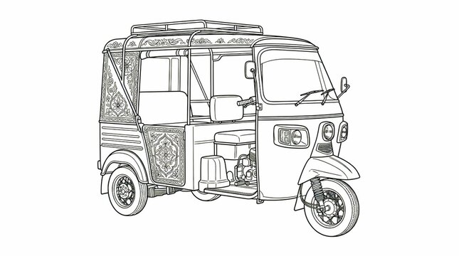
Decorated Passenger Auto Rickshaw Tuk Tuk With Traditional Pakistani Truck Art Patterns Line Drawing
