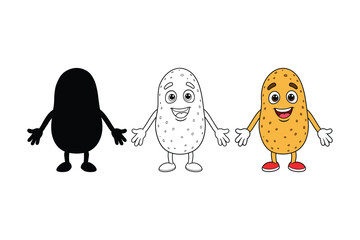 Obraz premium Cartoon potato character in silhouette, line art, and full color versions