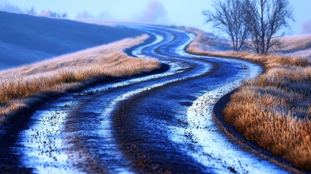 Lonely rural road through foggy hills with damp grass bare trees and early morning blue light