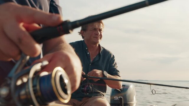 Two friends fishing on the lake from the boat