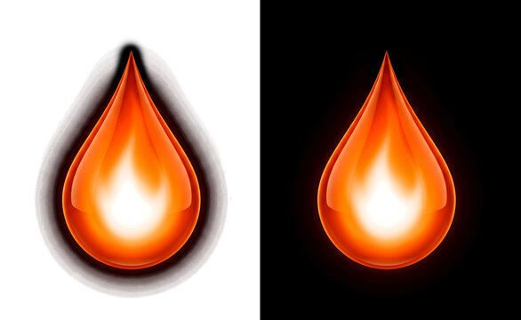 Realistic glowing orange fire drop illustration with bright white core on black background transparent background