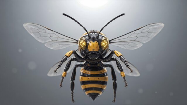 Futuristic mechanical robotic bee with glowing eyes