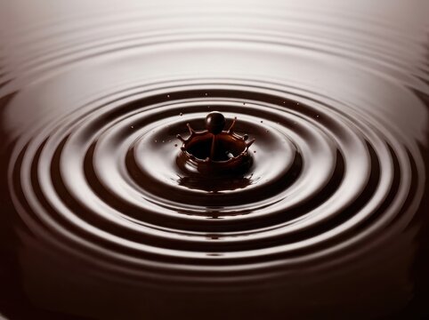 A single drop of liquid falling into clear water creating perfect concentric circular ripples and a crown splash in dark lighting