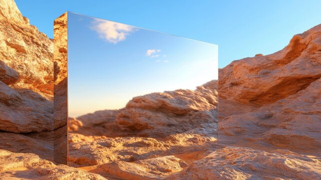 Reflective glass structure integrated into red desert canyon wall under strong midday sunlight