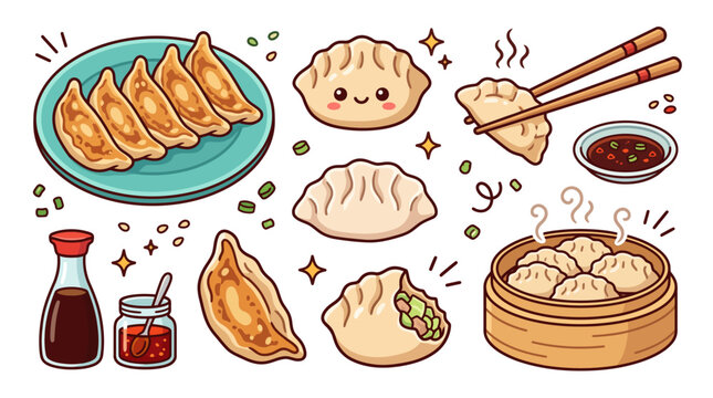 Gyoza Dumpling Cartoon Vector Set with Chopsticks Soy Sauce and Steamer Illustration