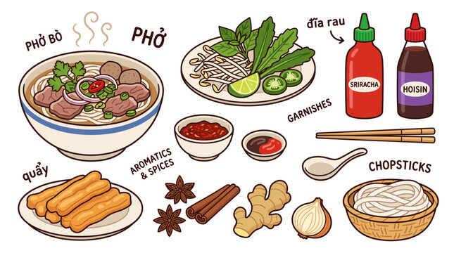 Vietnamese pho bo noodle soup with beef garnishes herbs and spices for traditional cuisine