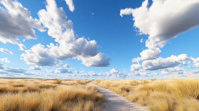 Long straight road vanishing across flat prairie beneath dramatic clouds with tall grass and open copy space