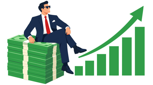 Successful businessman in dark suit and red tie sitting confidently on tall stack of green banknotes beside rising growth chart arrow symbolizing financial prosperity wealth