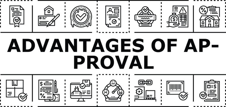 Advantages of approval banner infographic. Credibility satisfaction, acceptance affirmation, recognition confidence icon vector illustration