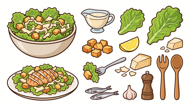 Caesar salad vector set with grilled chicken croutons dressing and ingredients illustration
