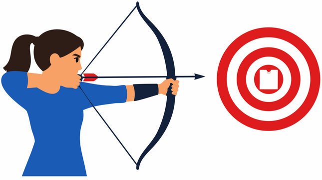 Flat vector illustration of a determined female archer in a blue shirt pulling back a bowstring to aim an arrow directly at a circular red target with a blank white note pinned inside