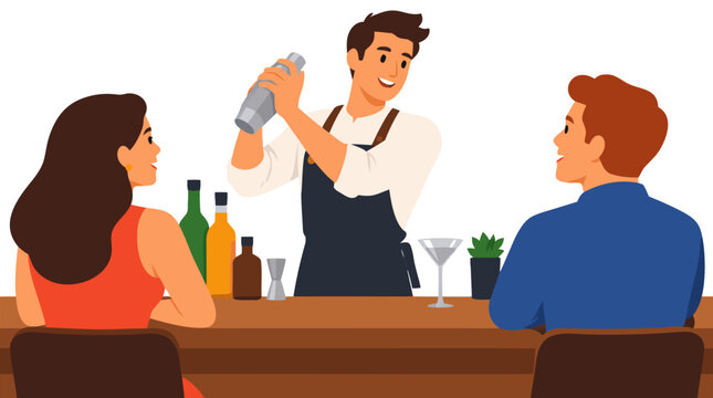 Flat vector illustration of a cheerful male bartender in a dark apron shaking a metal cocktail shaker behind a wooden bar counter while a man and woman watch their drinks being prepared