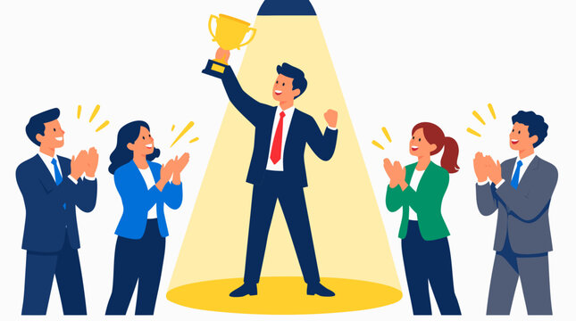 Triumphant businessman raising a golden trophy cup under a glowing stage spotlight while smiling colleagues applaud, corporate success and employee recognition flat vector illustration