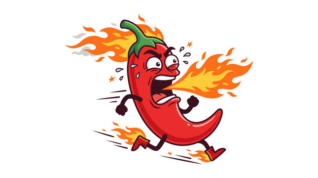 Funny hot red chili pepper mascot character breathing fire while running fast isolated on white background