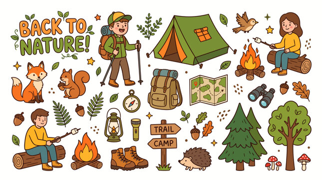 Outdoor camping collection with hikers tent campfire forest animals and nature elements