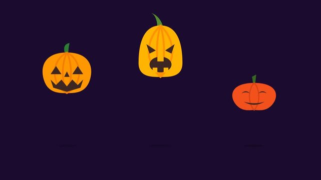 Unique flat vector illustration of bouncing jack-o-lantern pumpkins for Halloween on a plain background.