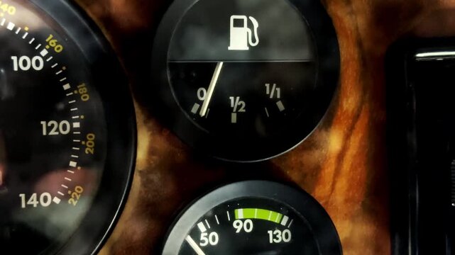 Closeup of the rising needle of an analog fuel gauge among the dashboard instruments of an old car, after the ignition has been switched on, to show how much petrol or gas is in the tank.