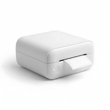 Modern compact label printer on white surface isolated on white background