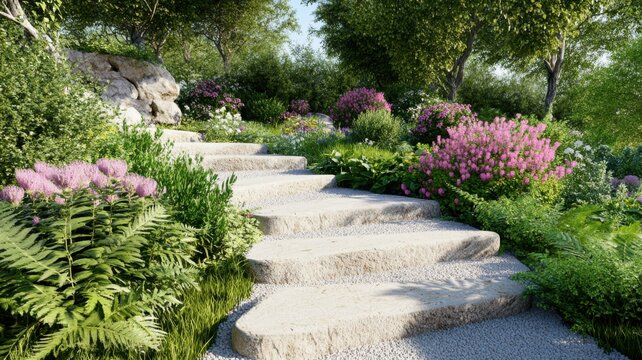 Lush garden path with flowering bushes ferns stone steps and filtered sunlight for wellness message overlays