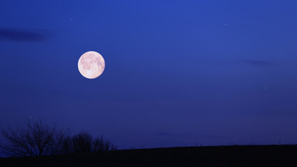 Full Moon, stars and planets above landscape silhouettes. © astrosystem