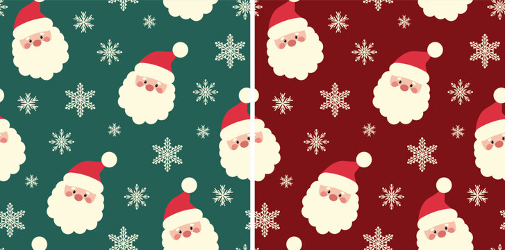 Seamless Christmas pattern with cute Santa Claus faces and snowflakes in vector style