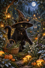 Fototapeta premium Black witch cat gathering magical herbs in moonlit garden 