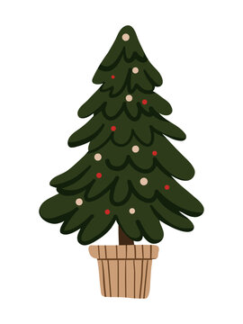 Potted Christmas Tree in Basket Vector Illustration Hand Drawn Style