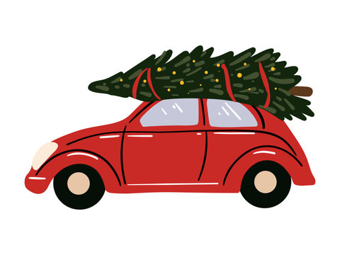 Christmas Car with Tree on Roof Vector Illustration Hand Drawn Style