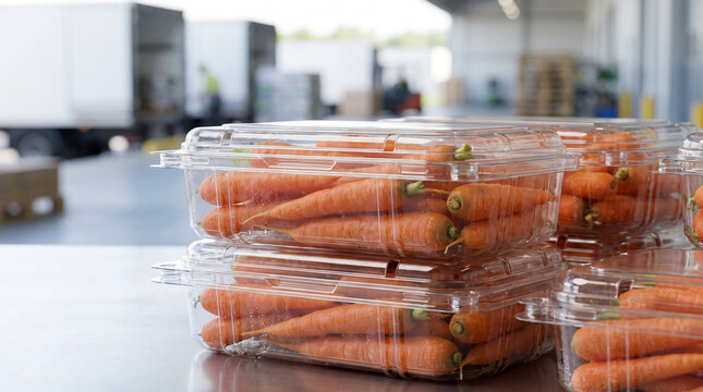 Fresh Baby Carrots in Clear Clamshell Containers at Produce Distribution Center