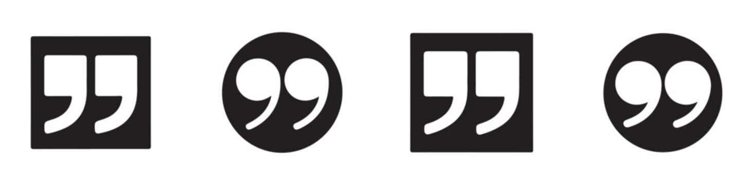 Black quotation marks icon set in square and circle shapes for web design quote symbols on gray background.