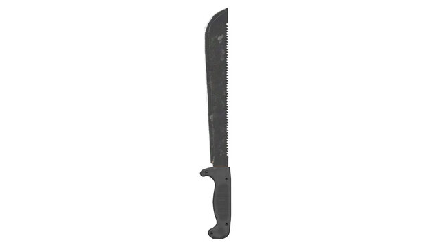3d rendering of a knife with a serrated edge and black handle
