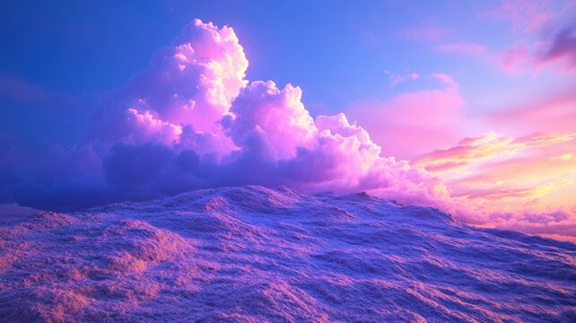 Magical hillside beneath deep purple sunset sky with glowing crimson clouds and golden reflections