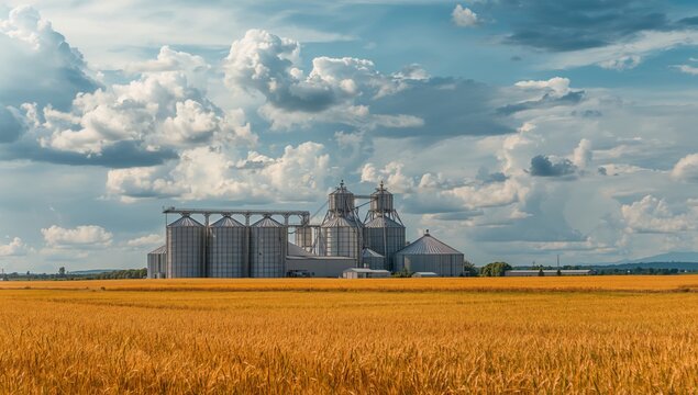 Farm Buildings and Grain Silos Stand in a Golden Wheat Field Under a Blue Sky With Clouds