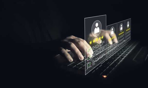 Talent Evaluation, Candidate Screening Concept. HR manager assessing applicant profiles through ratings, checklists to support recruitment quality, candidate selection, informed hiring decisions.