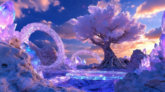 Magical twilight landscape with floating crystal rings orbiting a glowing tree above a levitating platform