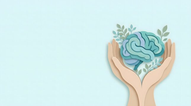 Hands holding a blooming brain illustration for world mental health day awareness and psychological wellness support concept