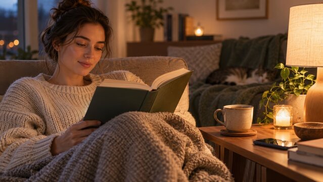 Woman relaxing on a sofa while reading a book under warm lamplight, capturing a peaceful evening, comfort, and cozy home lifestyle.