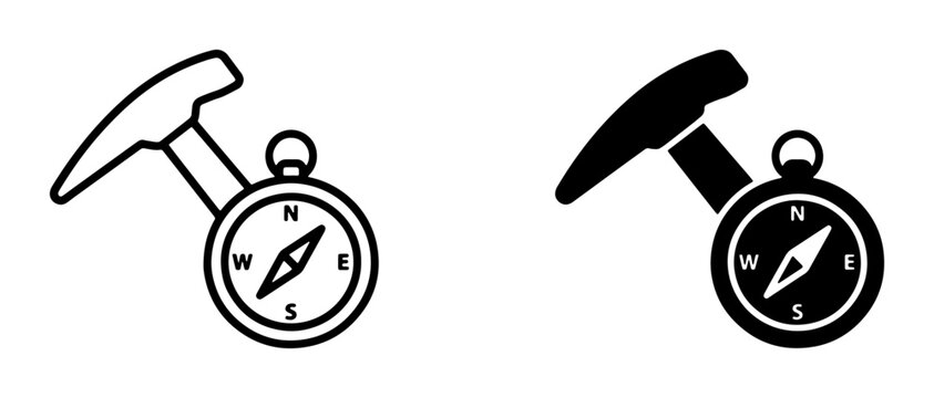 Geology Tools Icon Set: Rock Hammer and Compass for Exploration and Discovery, Vector Graphics