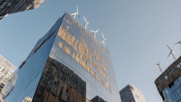 Modern skyscraper with wind turbines on top against blue sky.