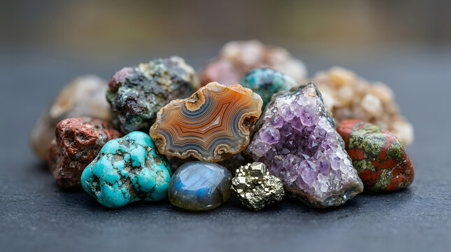 Collection of various colorful raw gemstones and minerals on a dark surface