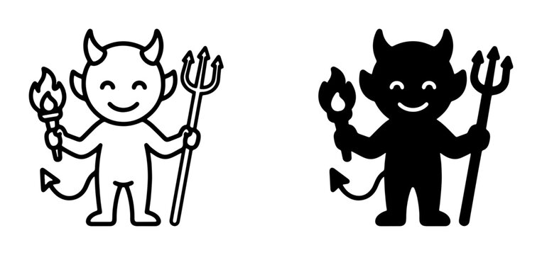 Cute Devil Icon Set, Cartoon Imp Character with Torch and Trident, Black and White Vector Graphics for Spooky Themes