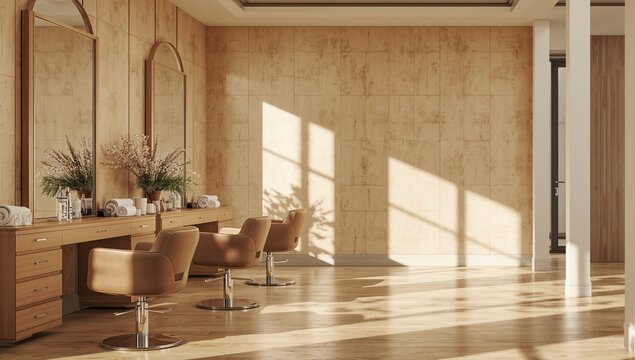 Bright Salon Interior With Wooden Elements and Large Mirrors