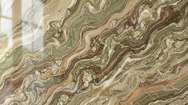 Marble texture close up in swirling beige green and brown veins