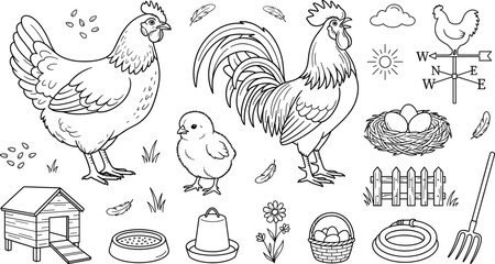 Obraz premium Chicken farm vector outline icon set with hen rooster baby chick coop nest eggs fence and weather vane