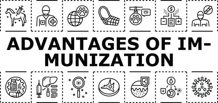 Advantages of immunization banner infographic. Community defense, wellness longevity, outbreak reduction icon vector illustration
