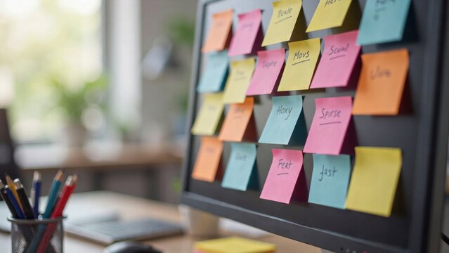 Computer monitor covered with colorful sticky notes