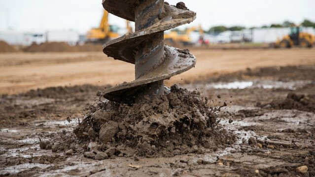 Industrial auger drill digging into muddy ground