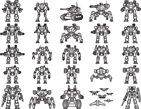 Collection of pixel art robotic mechs and vehicles in various designs, suitable for sci-fi gaming or concept art.